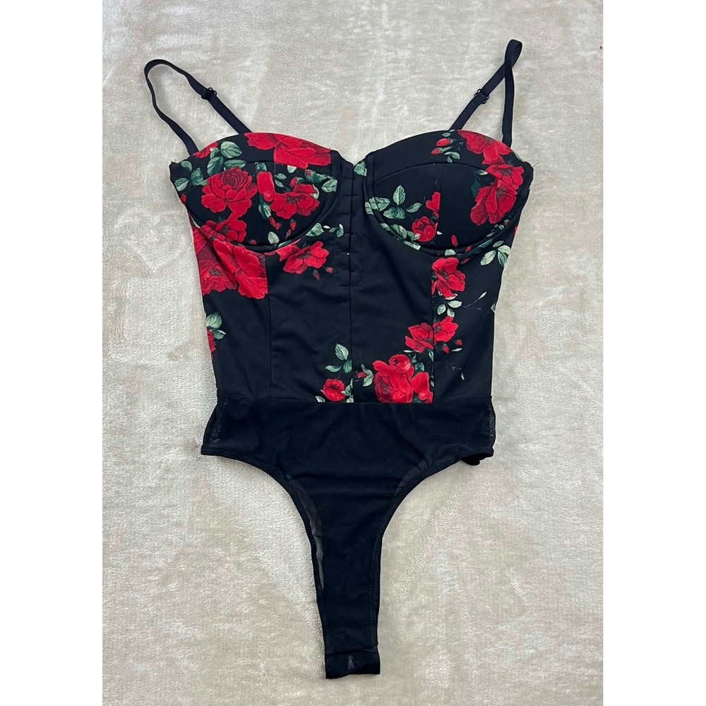 EUC Windsor Red Rose Floral Bustier Bodysuit Black Mesh Thong Size Small